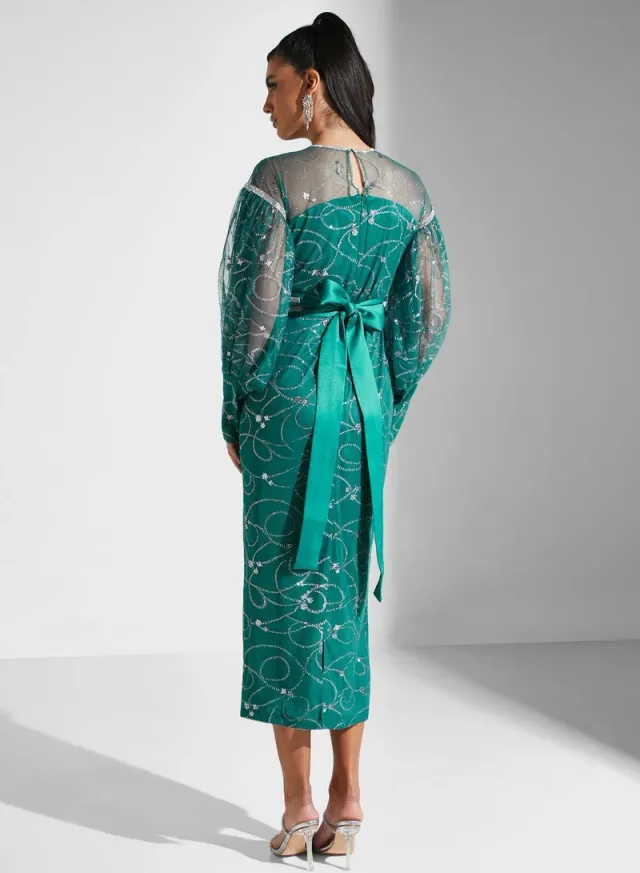 Emerald Green Embroidered Bodycon Evening Dress with Sheer Neckline and Silver Embellishments – image 2
