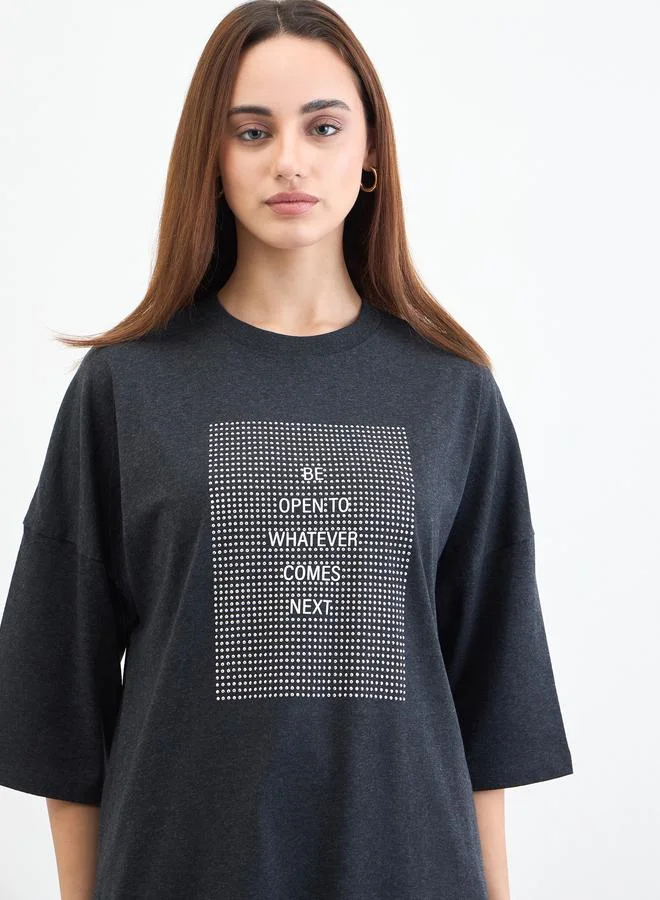 Slogan Oversized 3/4 Sleeve T-Shirt Charcoal