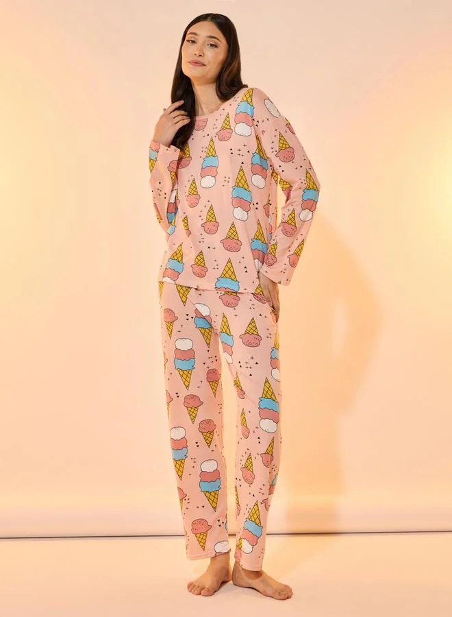 Ice Cream Print Long Sleeve Pyjama Set Pale Pink