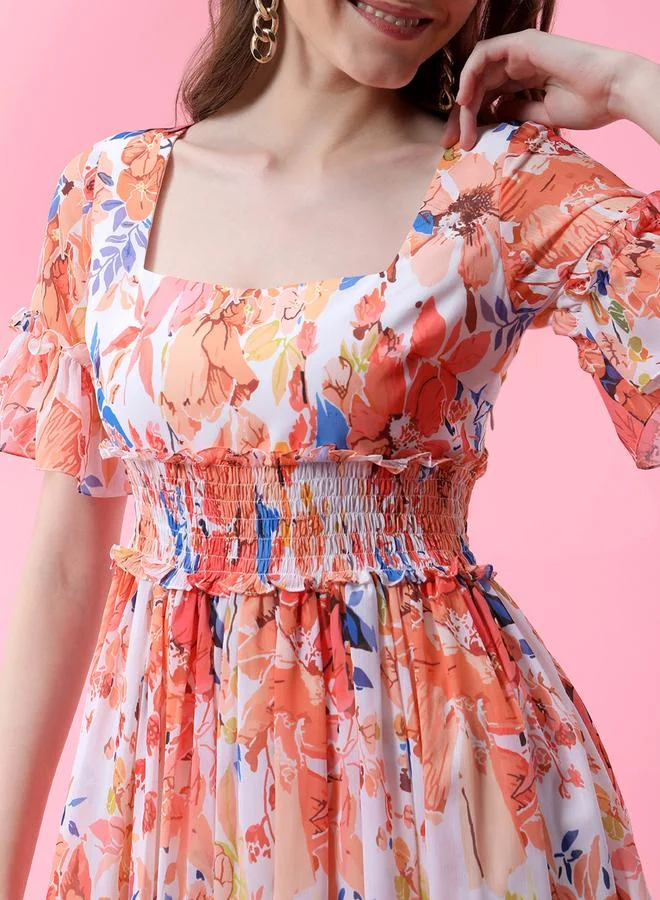 Mish Pleated Puff Sleeve Square Neck A-Line Maxi Dress Vivid Tangerine