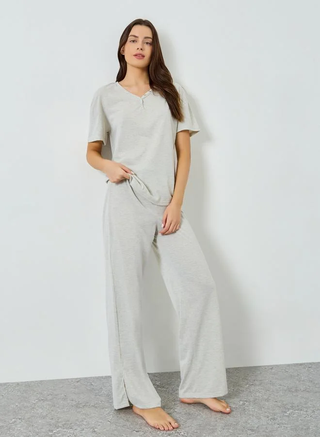 Drop Shoulder Rivet T-Shirt and Pyjama Set Grey