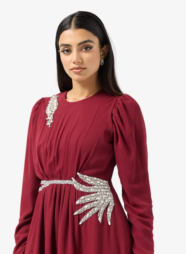 Burgundy Maxi Fit & Flare Evening Dress with Embellished Waist and Trail – image 3