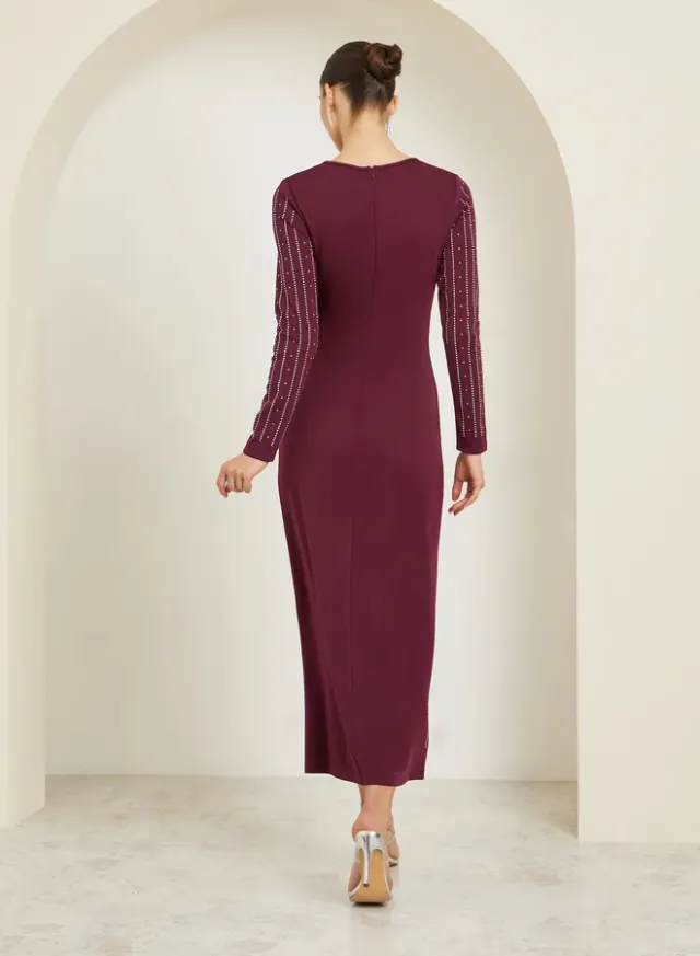 Rhinestone Front Slit Maxi Dress Burgundy – image 5