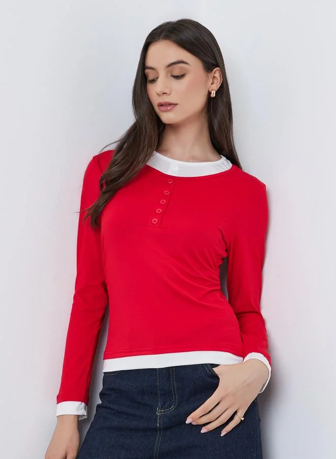 Contrast Trim Fake Two-Piece Knit Top Red