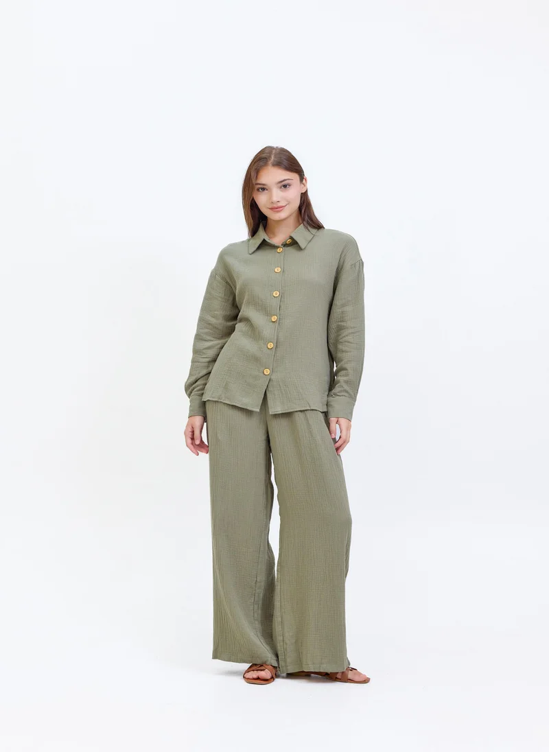 Textured Muslin Suit Olive Green