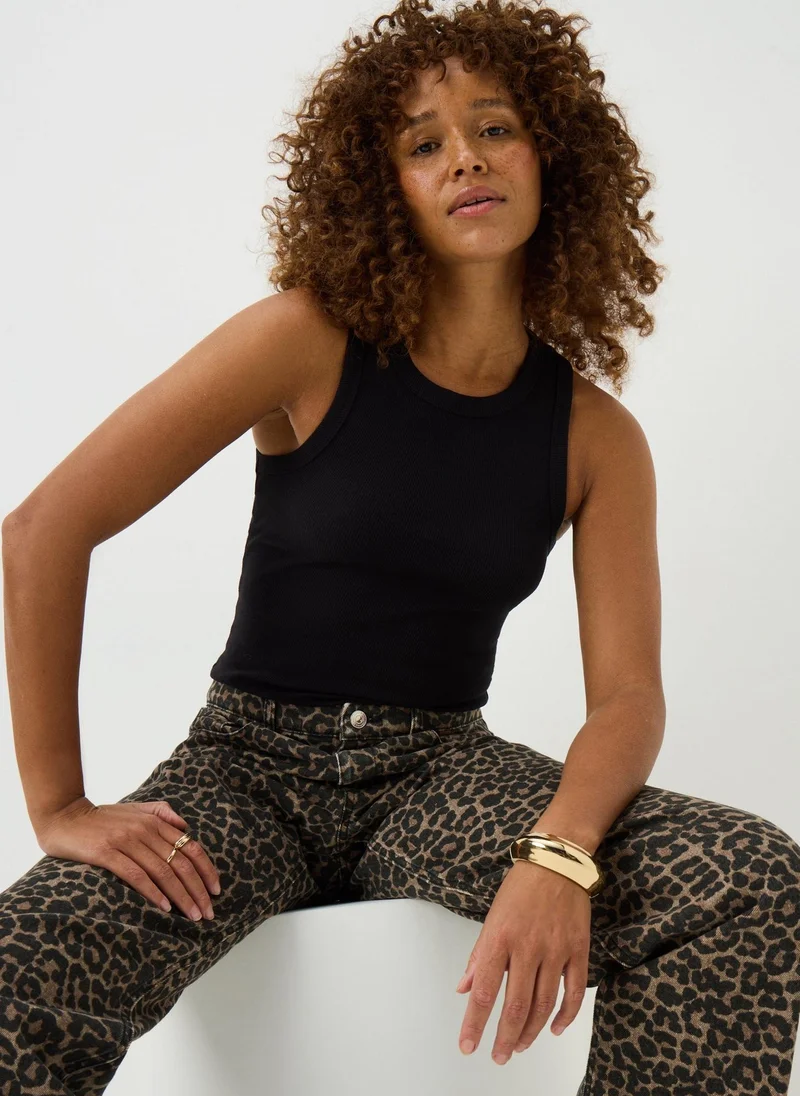 Ribbed High Neck Vest Top Black
