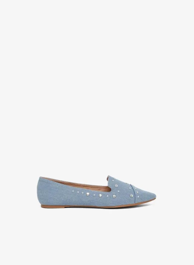 Styli Embellished Denim Pointed Toe Slip On Shoes Light Periwinkle Blue