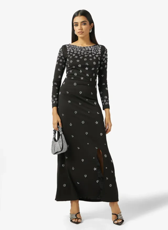 Black Embellished Maxi Dress with Long Sleeves and Round Neck – image 4