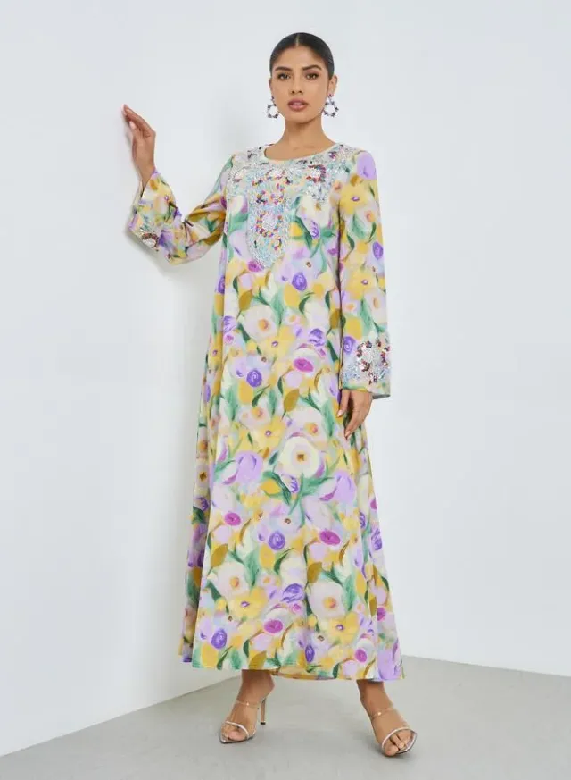 Floral Print Beaded Long-Sleeve Maxi Dress – image 3