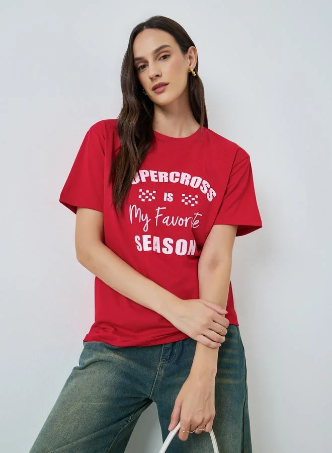 Slogan Print Regular Fit T-Shirt Red