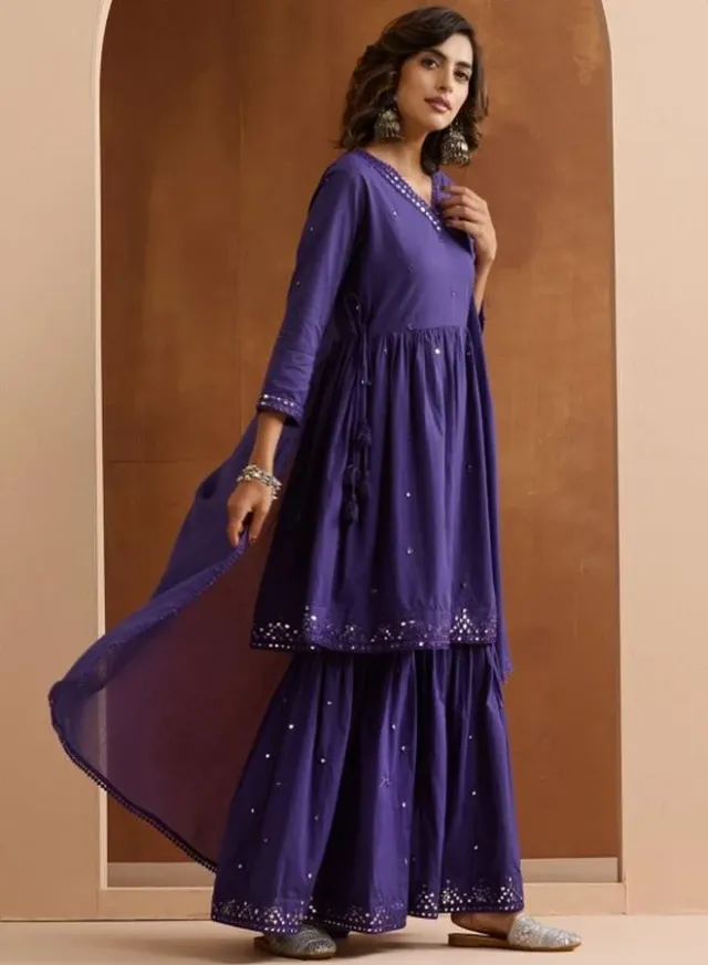 Ishin Women's Deep Violet Cotton Embellished Tunic Top & Palazzo Set – image 5