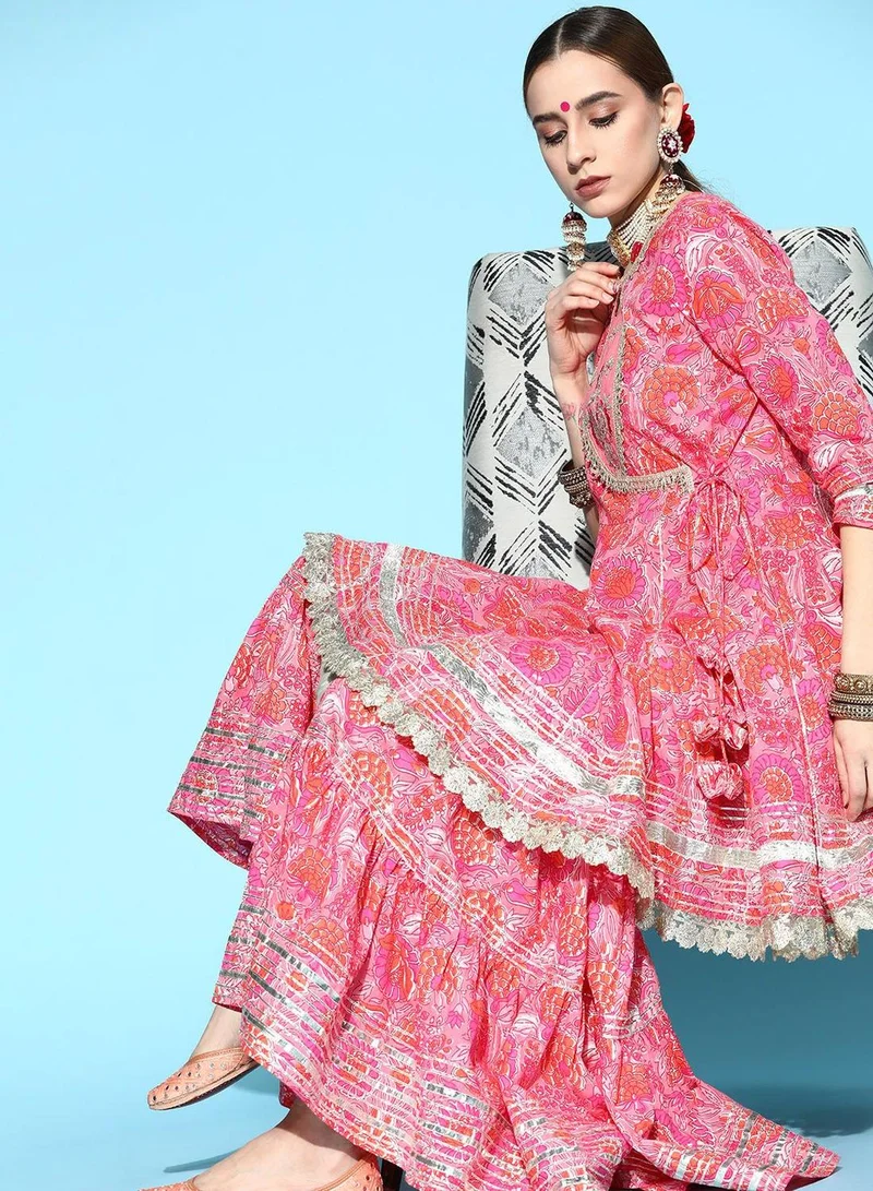 Women's Cotton Self Design Kurta Palazzo Set Pink