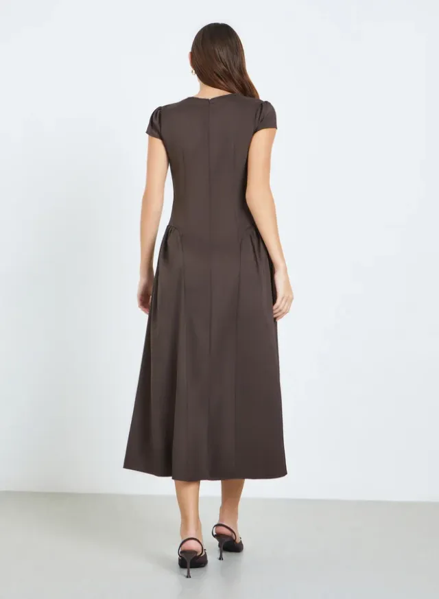 Square Neck A-Line Midi Dress Brown – image 4