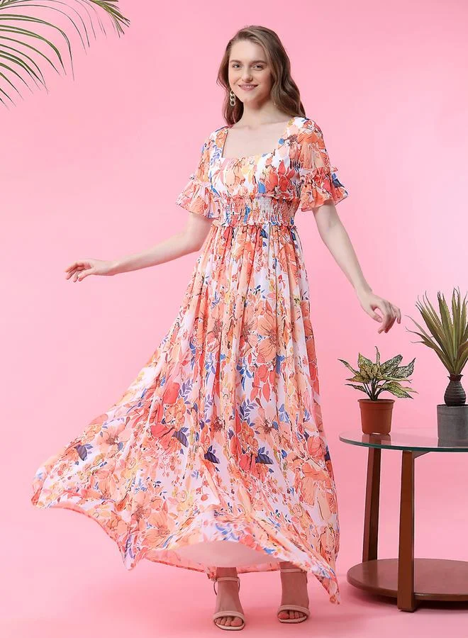 Mish Pleated Puff Sleeve Square Neck A-Line Maxi Dress Vivid Tangerine