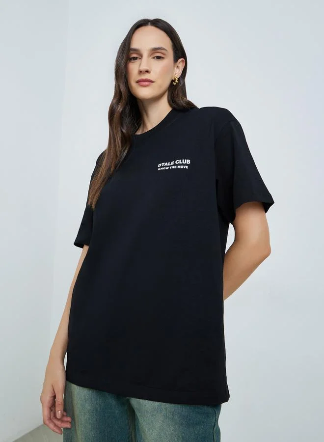 Oversized Text Print Cotton T-Shirt Black