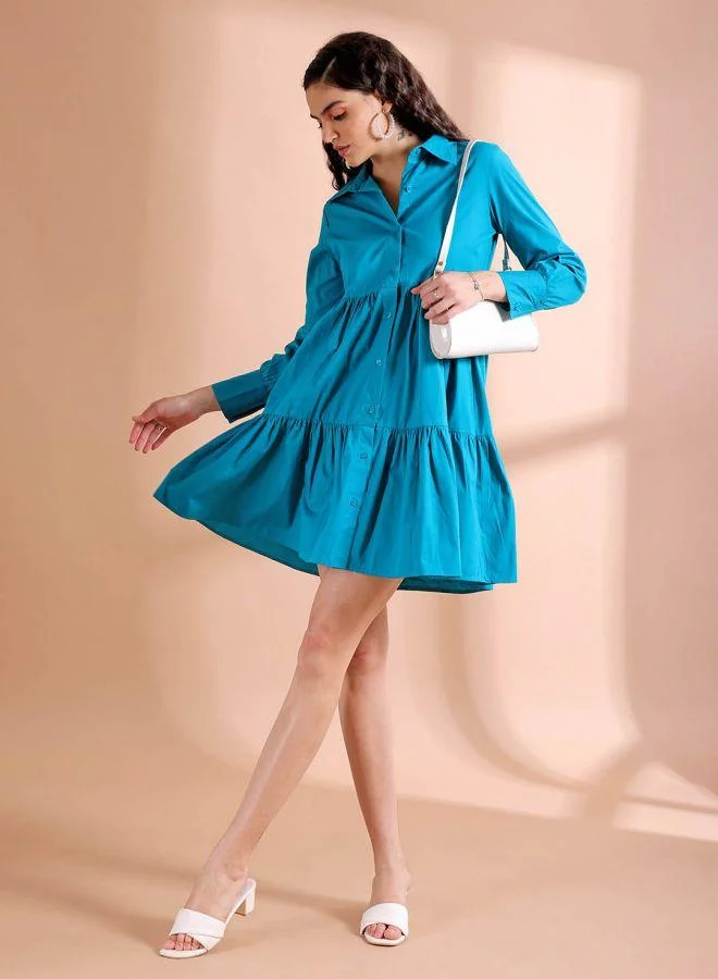 Women's Fit and Flare Shirt Dress Teal