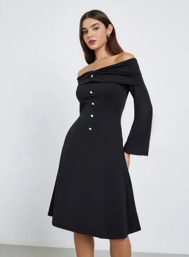 Black Off-Shoulder A-Line Midi Dress with Long Sleeves – image 2