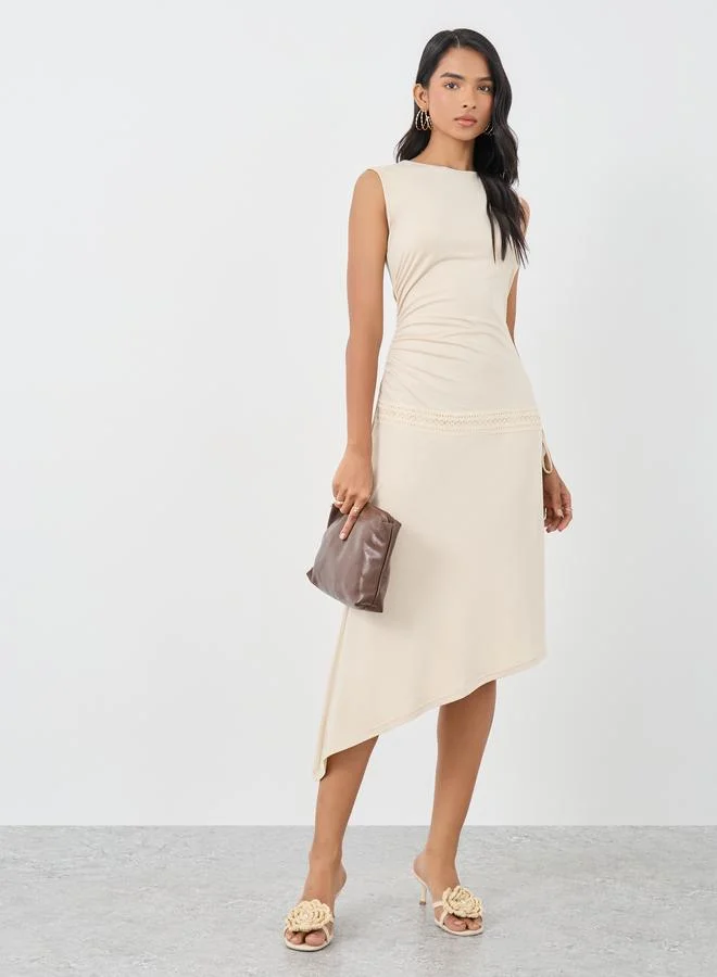 Take Two Solid Sleeveless Gathered Midi Dress Light Beige