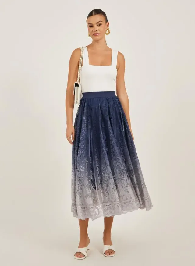 Ombre Lace A-Line Midi Skirt Dark Slate Blue