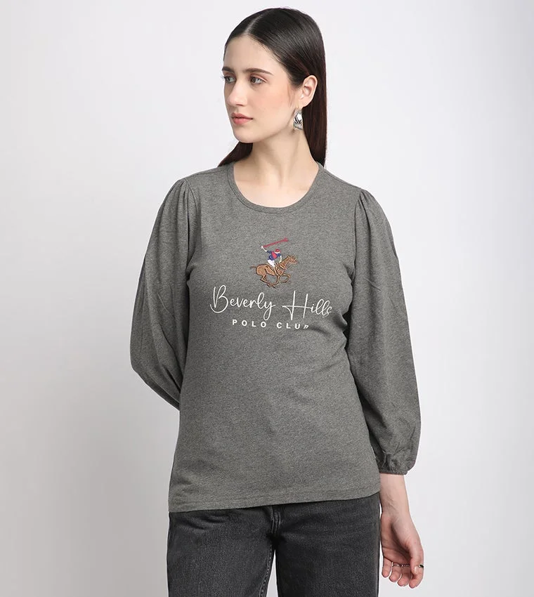 Logo Printed Puff Sleeve Top Gray