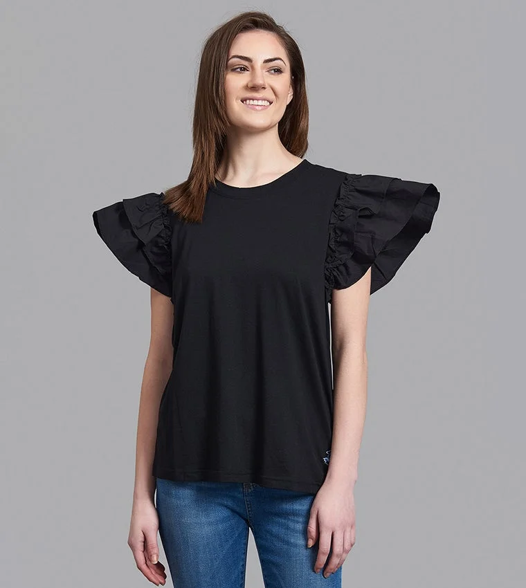 Crew Neck Ruffle Sleeve T-Shirt Black