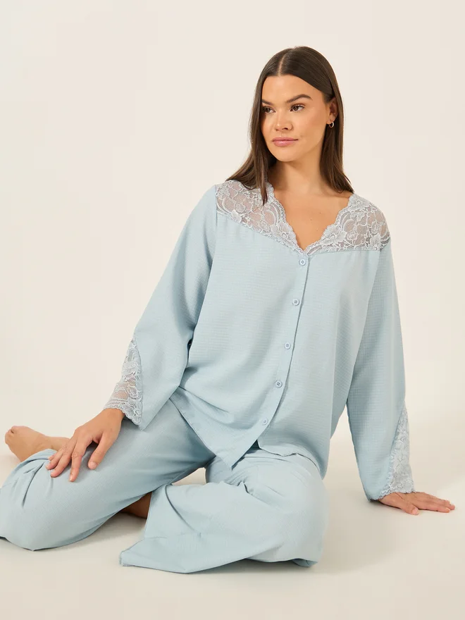 Lace Insert Buttoned Pyjama Set Blue