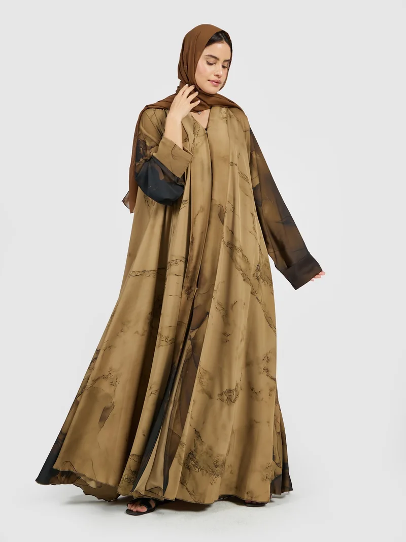 Earthy Bronze Marble Overlay Abaya Brown
