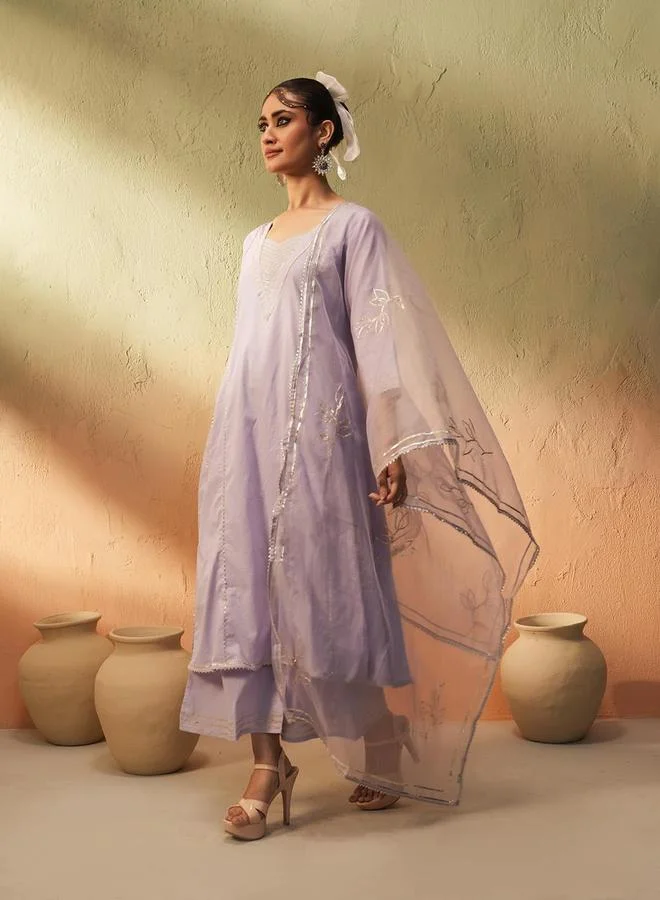 Women's Cotton Printed Kurta Palazzo Set Lilac