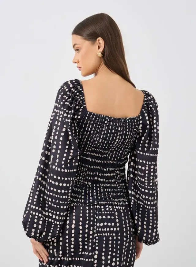Black Printed Balloon Sleeve V-Neck Cropped Top for Women – image 4