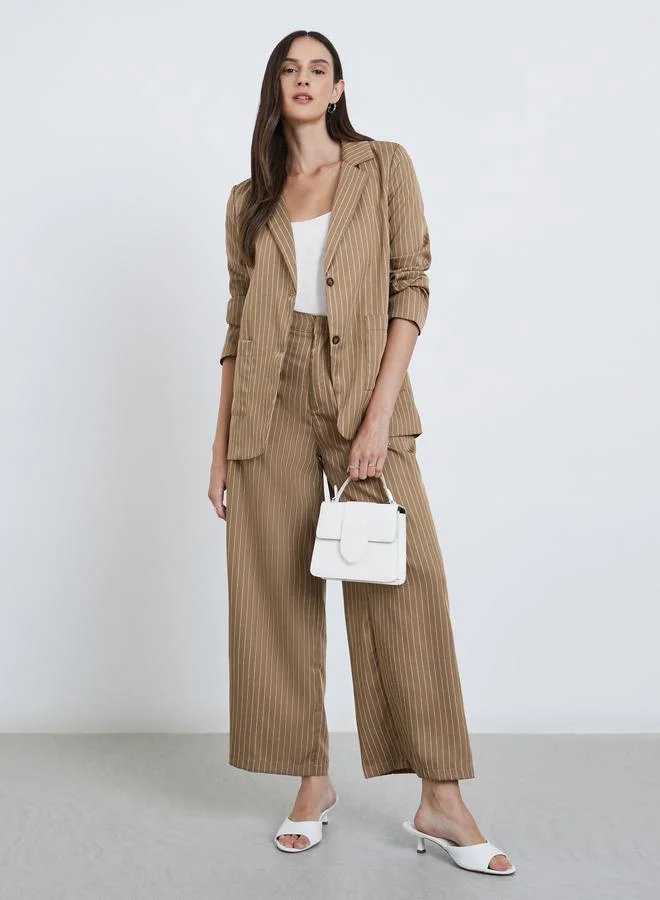 Striped Mid Rise Wide Leg Pants Tan