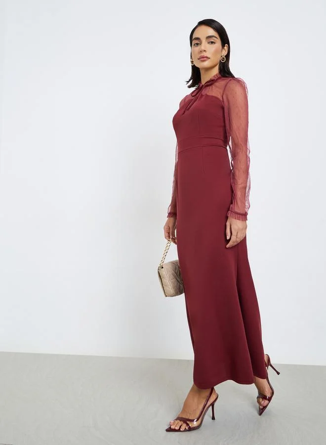 Women's Mesh Long Sleeve Maxi Dress Burgundy