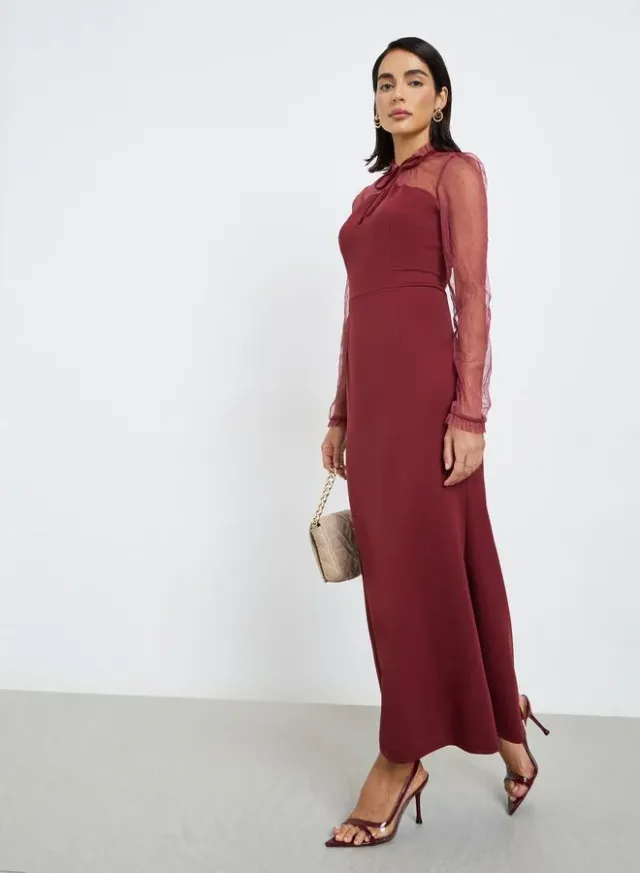 Women's Mesh Long Sleeve Maxi Dress Burgundy