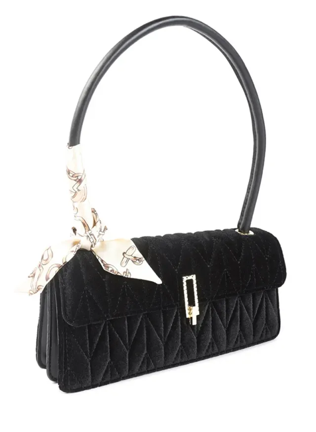 Black Quilted Velvet Baguette Evening Bag with Scarf Accent – image 2