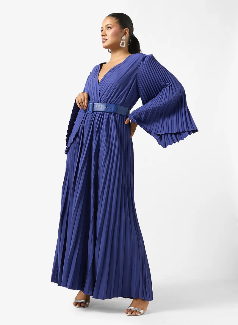 Pleated Belted Dress Deep Purple