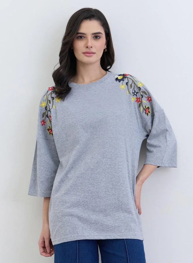 Floral Embroidered Oversized T-Shirt Grey