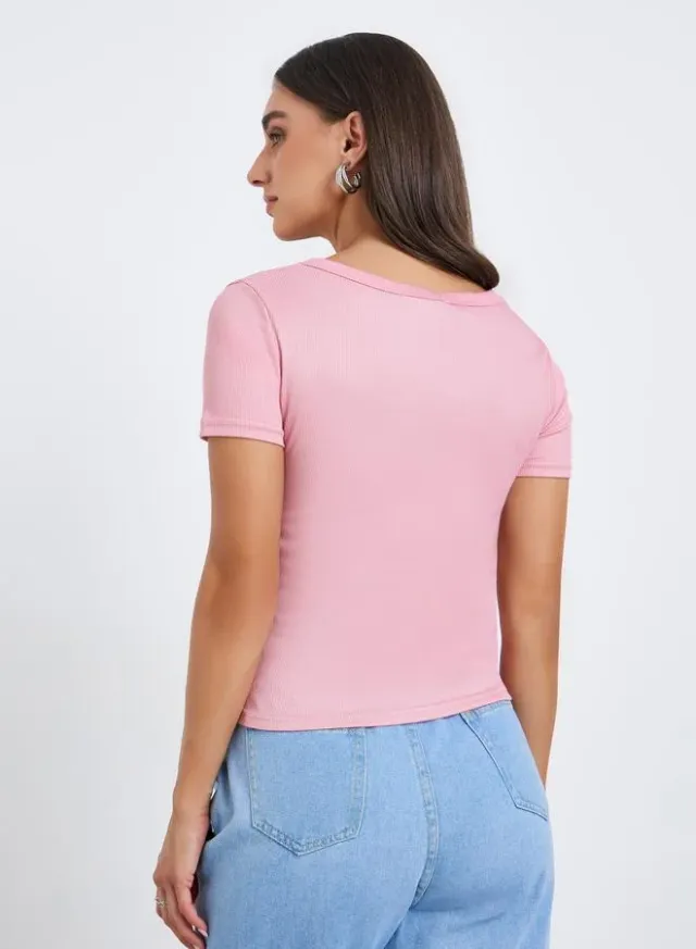Ribbed Knit Short Sleeve Top Pink – image 4