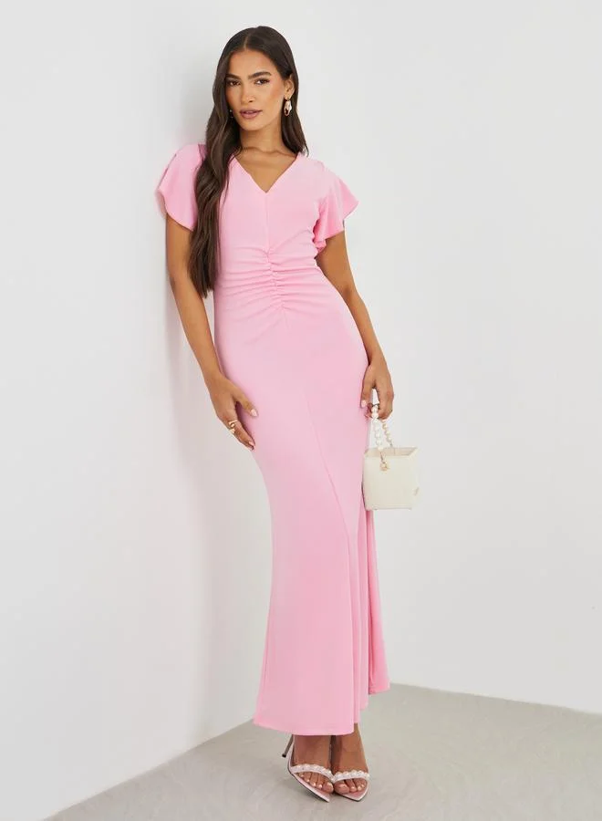 Ruffled Sleeve Mermaid Maxi Dress Hot Pink