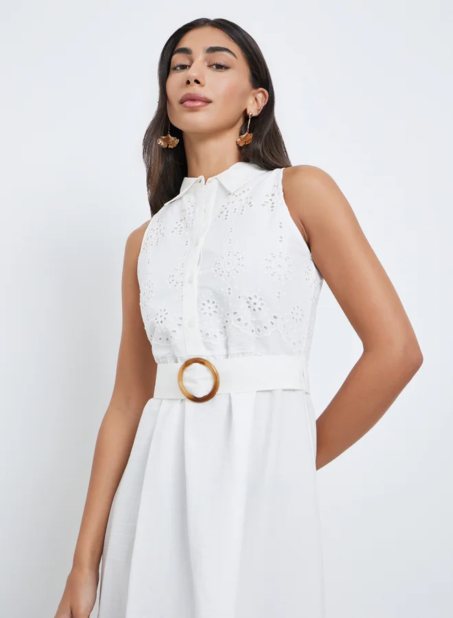 Styli Schiffli Belted Shirt Midi Dress White