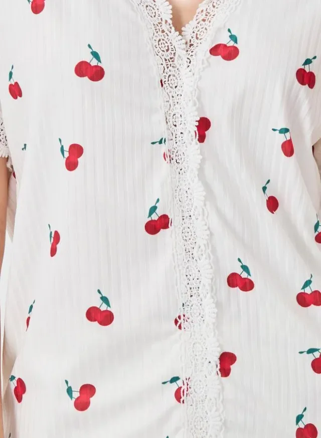 Take Two Cherry Print V-Neck T-Shirt & Pyjama Set – image 4