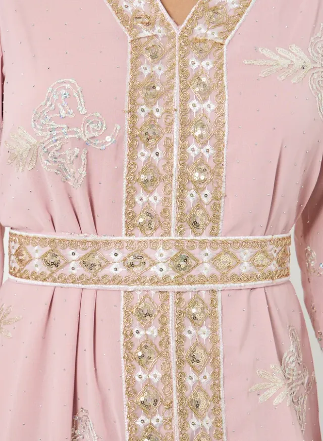 Sequin Embroidered Tie-Belt Jalabiya Pink – image 4