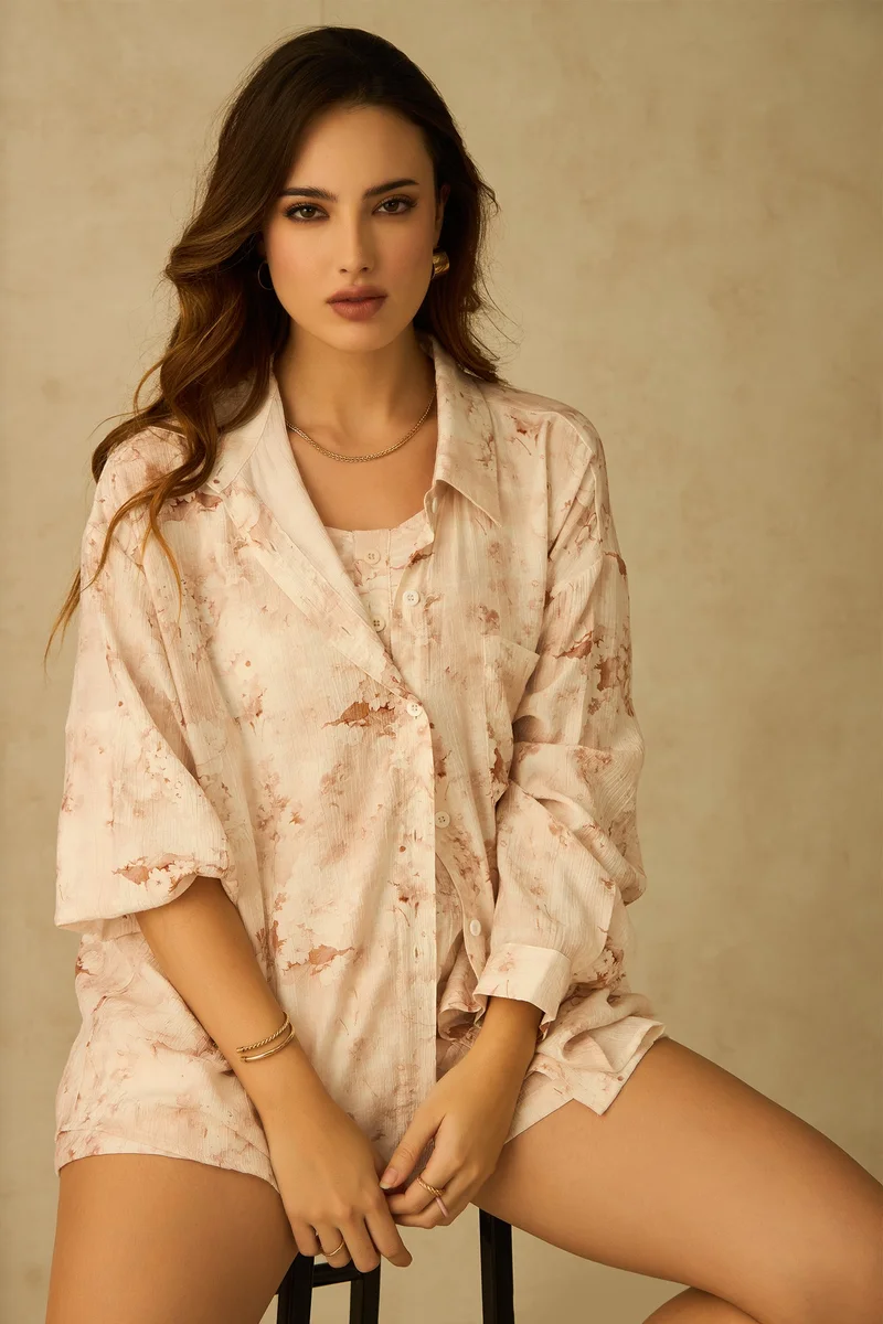 Virgio Women Floral Print Tailored Casual Shirt Beige