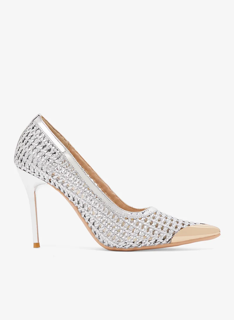 Metallic Net Stiletto Pumps Silver