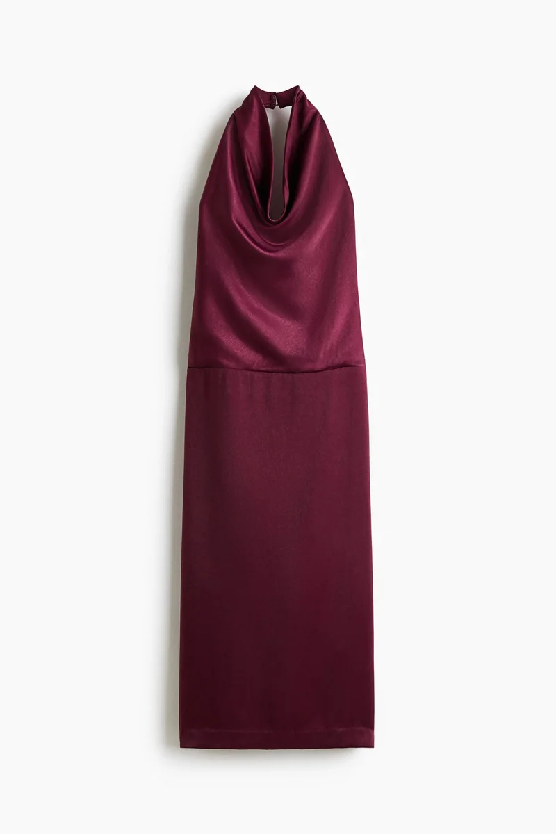 Halterneck Satin Dress Burgundy