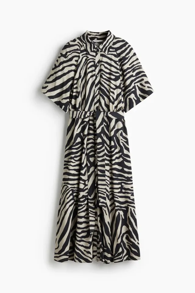 Black and Beige Printed Viscose Midi Shirt Dress – image 5