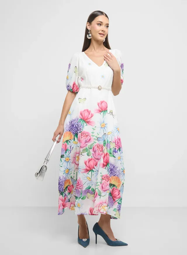 Floral Print Midi Dress White – image 4