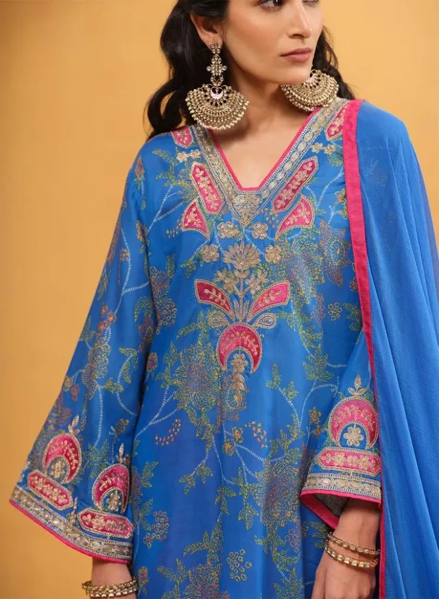 Women's Cotton Embellished 3-Piece Kurta Palazzo Set - Blue – image 5