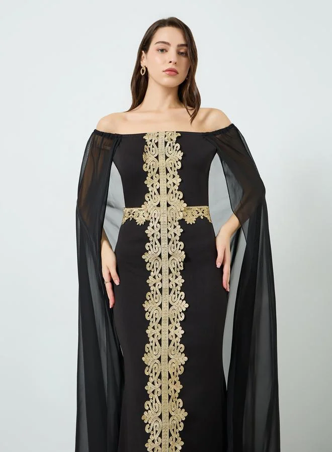 Embroidered Off-Shoulder Cape Sleeve Maxi Dress Black