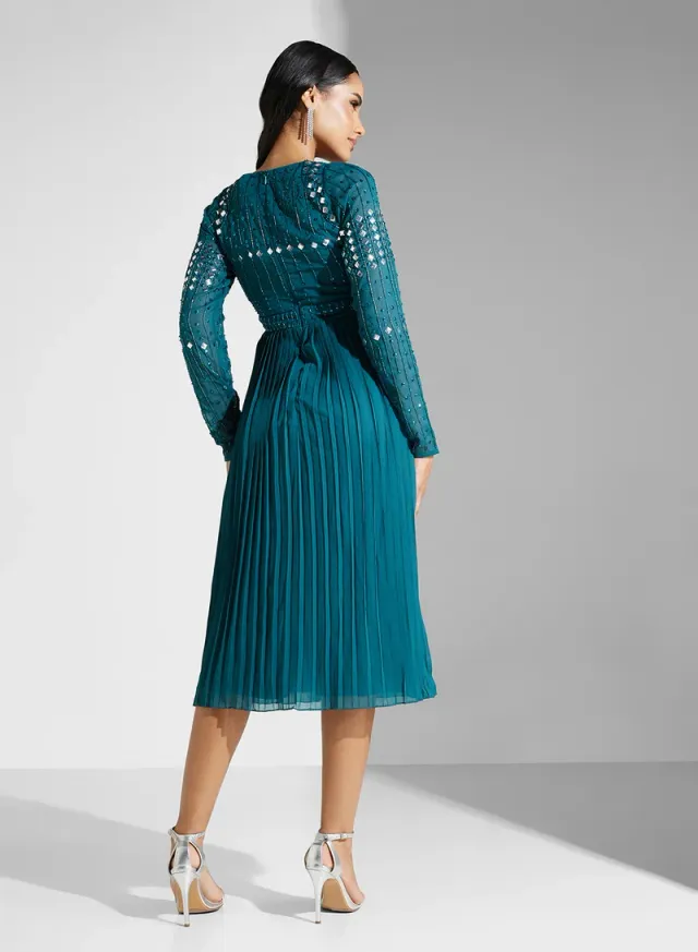 Teal Fit & Flare Embellished Midi Dress with Long Sleeves – image 2