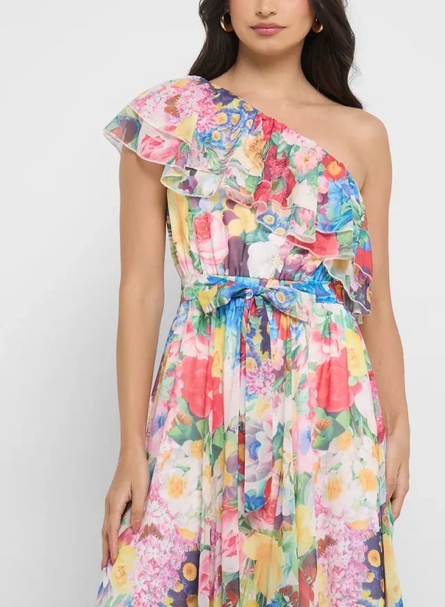 Multicolored Floral One-Shoulder Maxi Dress – image 3