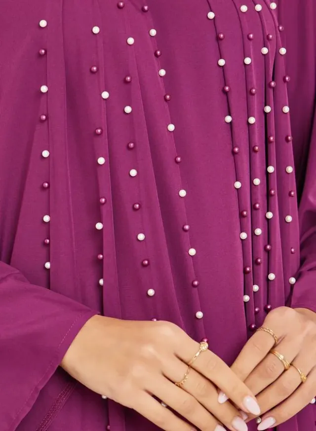 Dark Magenta Pearl Embellished Maxi Jalabiya with Long Sleeves – image 4